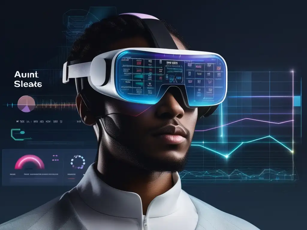 Impacto AR en autodisciplina: persona con auriculares AR, interfaz digital y elementos motivadores en fondo abstracto