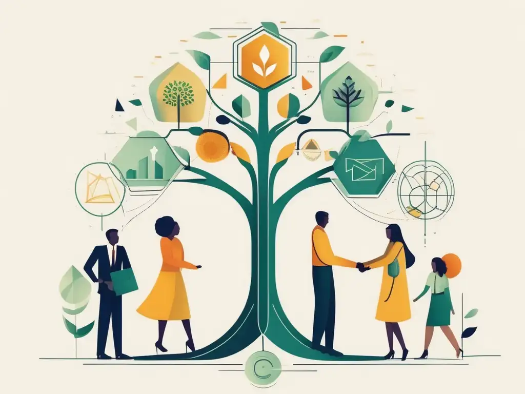 Habilidades blandas para sostenibilidad y diferenciación: árbol geométrico y figuras abstractas simbolizando crecimiento, estabilidad y diversidad