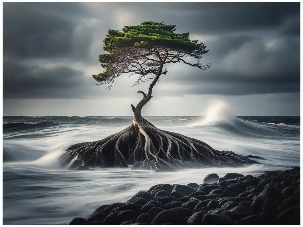 Importancia de la resiliencia en la investigación: árbol fuerte en el mar tormentoso, símbolo de superación