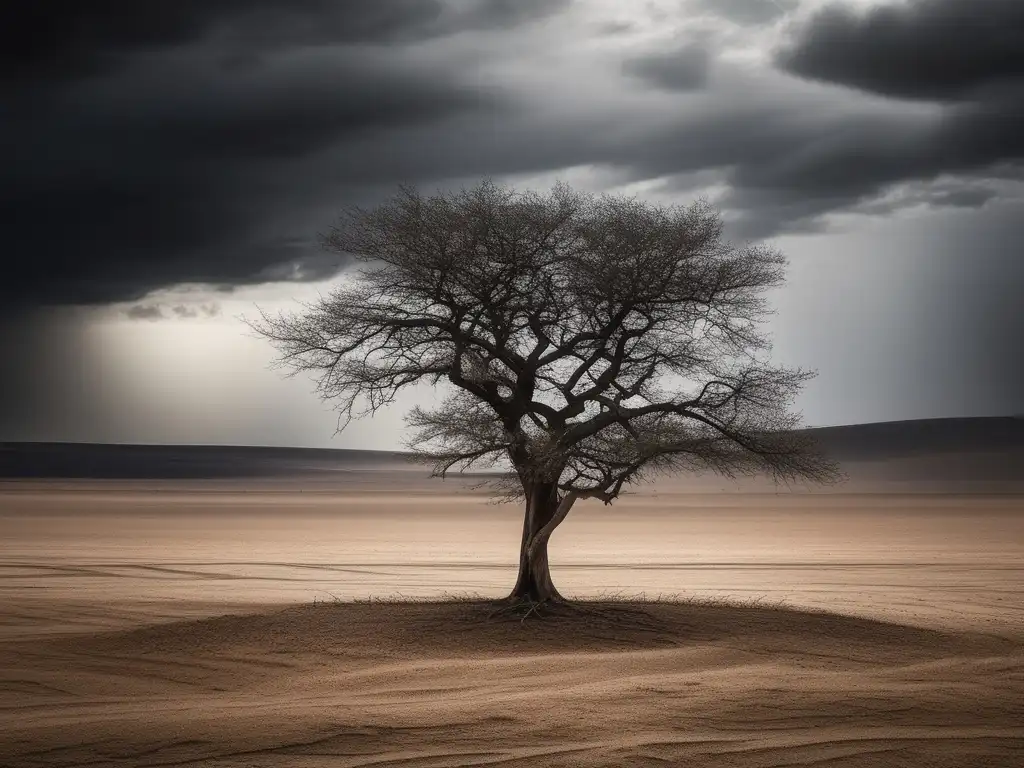 Resiliencia laboral: árbol solitario desafiando tormenta con determinación