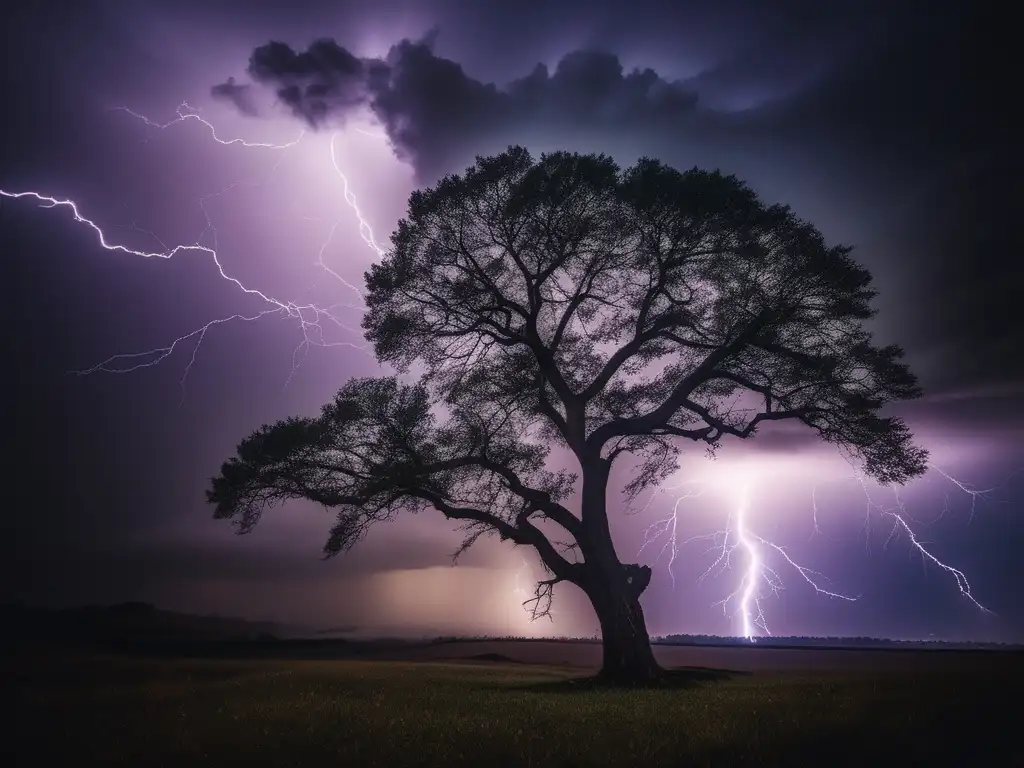 Habilidad de liderazgo resiliente en crisis: árbol solitario desafiando tormenta, ramas retorcidas, cielo oscuro con rayos