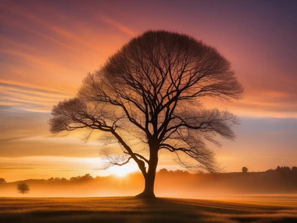 Serene landscape at sunset, lone tree symbolizing resilience and adaptability