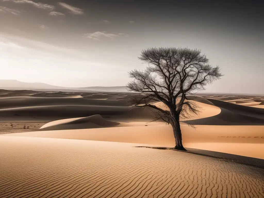 Árbol solitario en desierto, simboliza resiliencia y estrategias de motivación en momentos difíciles