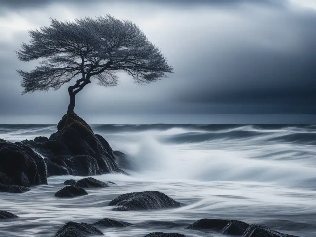 Un árbol solitario en un mar tormentoso representa la resiliencia y habilidades blandas para gestionar el estrés