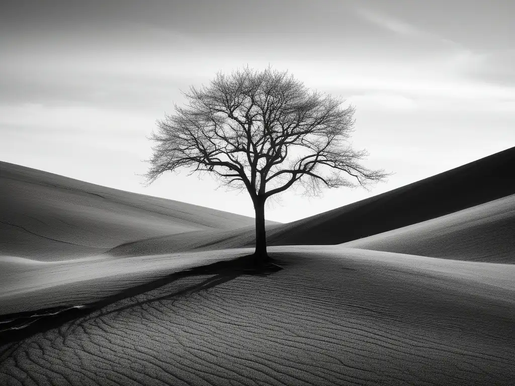 Importancia comunicación ambiental efectiva: árbol solitario en paisaje árido y desafiante, representa necesidad de cambio