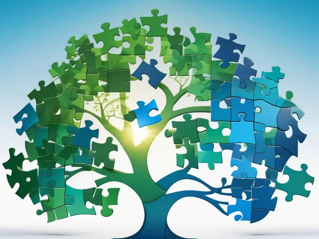 Árbol de puzzles verde y azul simbolizando la importancia del liderazgo ético en reducir la huella de carbono