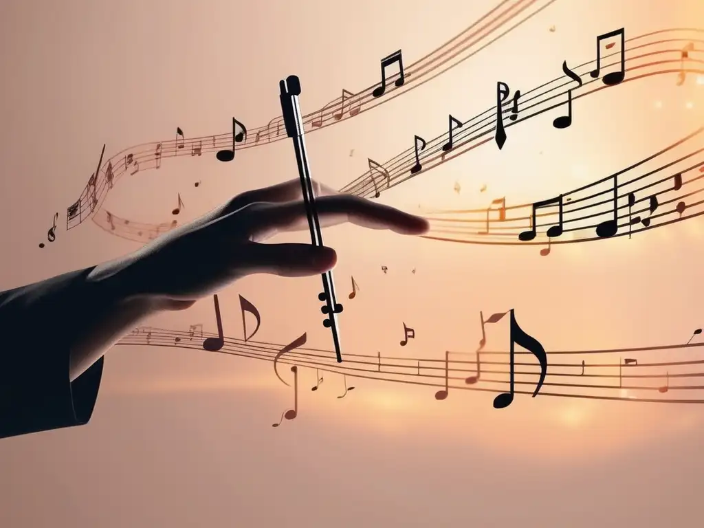 Habilidades blandas para liderar orquestas con empatía - Imagen minimalista y abstracta con paleta de colores suaves, muestra una mano de director sosteniendo una batuta, rodeada de notas musicales translúcidas en un fondo de gradientes pastel serenos