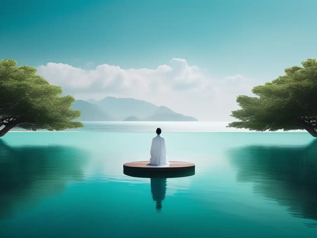 Paisaje sereno y minimalista de agua turquesa, una figura meditando en una isla rodeada de naturaleza