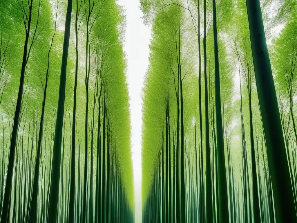 Bosque verde simétrico con árboles altos Contribuir a un planeta verde a través de la belleza natural del bosque verde y abstracto