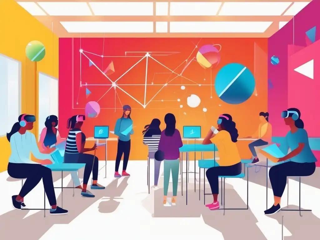 Aula con Realidad Aumentada, estudiantes colaborando y desarrollando habilidades blandas