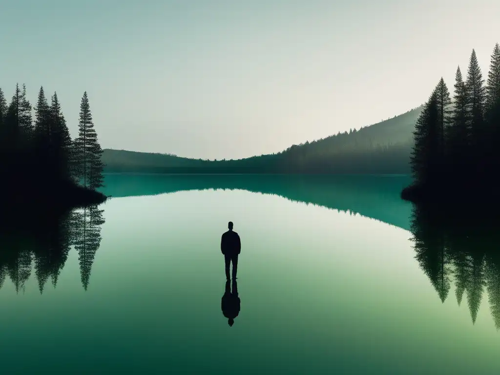 Importancia del autoconocimiento en desarrollo personal: imagen serena de una silueta frente a un lago tranquilo rodeado de un bosque verde