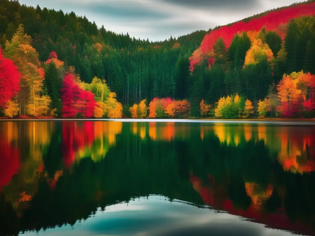 Importancia del autoconocimiento en decisiones: Imagen serena de un lago rodeado de bosque en otoño, transmitiendo introspección y armonía