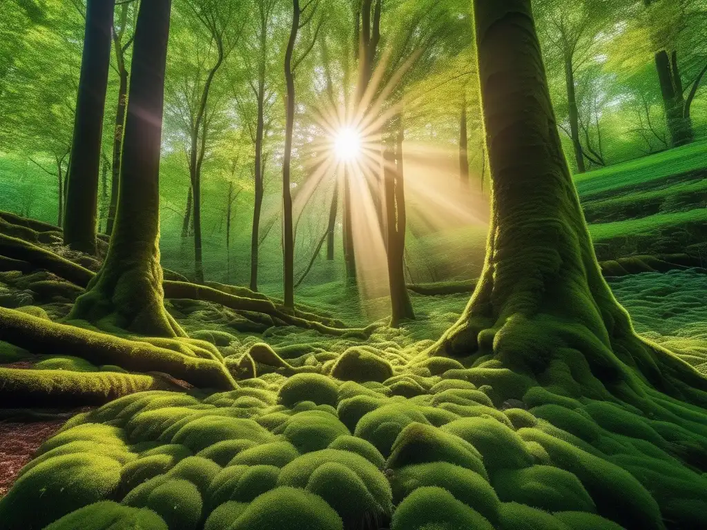 Bosque verde exuberante: belleza natural Contribuir a un planeta verde: bosque exuberante, árboles altos, luz filtrada, musgo vibrante, detalles intrincados, vida en un tapiz