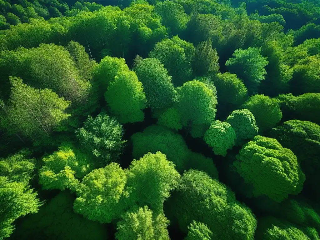 Bosque exuberante desde perspectiva aérea Bosque exuberante desde el aire, con luces y sombras, evocando armonía y conexión