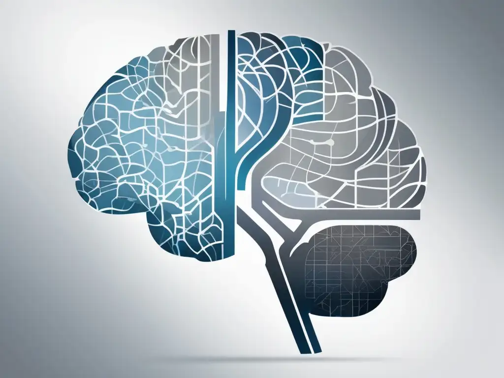 Neurociencia de la multitarea eficiente: imagen abstracta de un cerebro dividido en secciones interconectadas con líneas y patrones intrincados