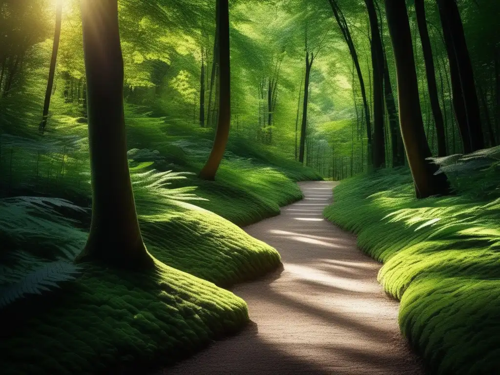 Camino serpenteante en un denso bosque, rodeado de árboles altos y frondosos con hojas verdes vibrantes