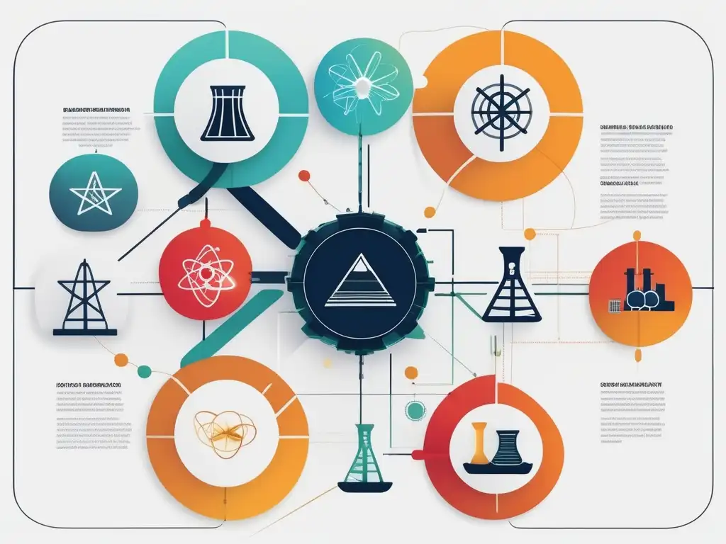 Importancia toma de decisiones en energía nuclear, imagen abstracta planta nuclear con nodos interconectados