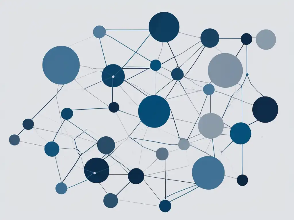 Potencial de colaboración en investigación académica: Red de nodos interconectados en tonos azules y grises