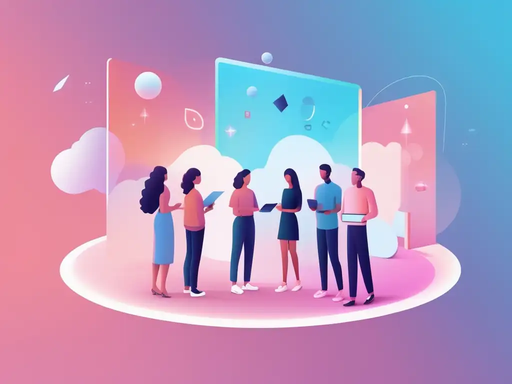 Futuro formación con Realidad Aumentada: Grupo en espacio virtual interactuando con AR, comunicación, colaboración, armonía