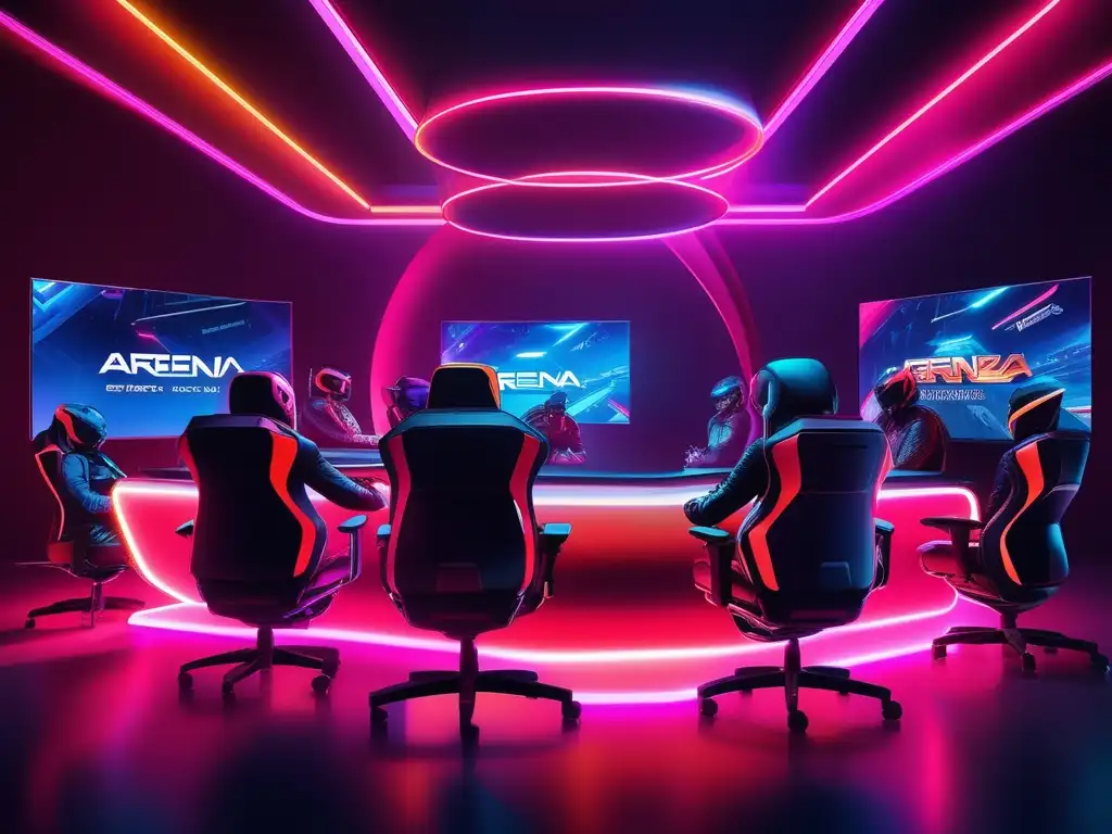 Escena de gaming colaborativo en un arena virtual, con jugadores profesionales y vibrante iluminación neón