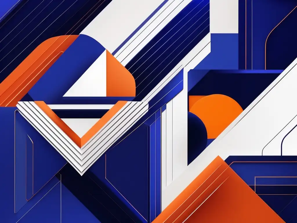 Composición abstracta vibrante de formas y líneas en indigo, azul eléctrico y naranja, sobre fondo blanco