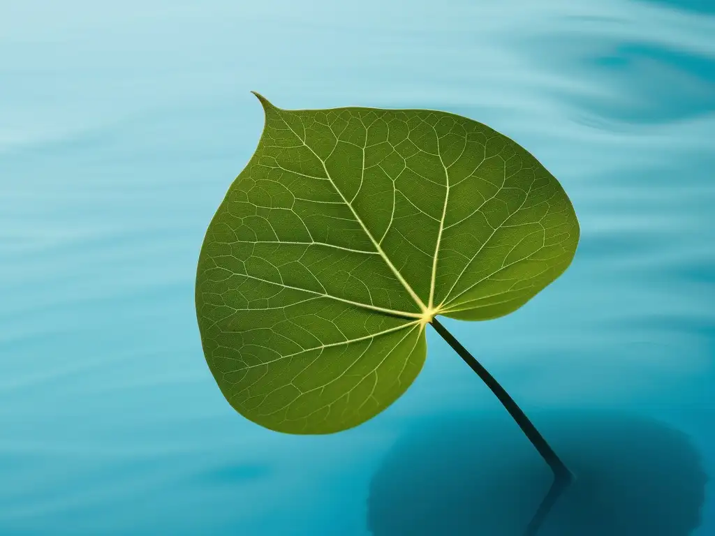 Técnicas de comunicación ambiental sostenible: hoja verde flotando en agua azul, simbolizando armonía, crecimiento y conexión con la naturaleza