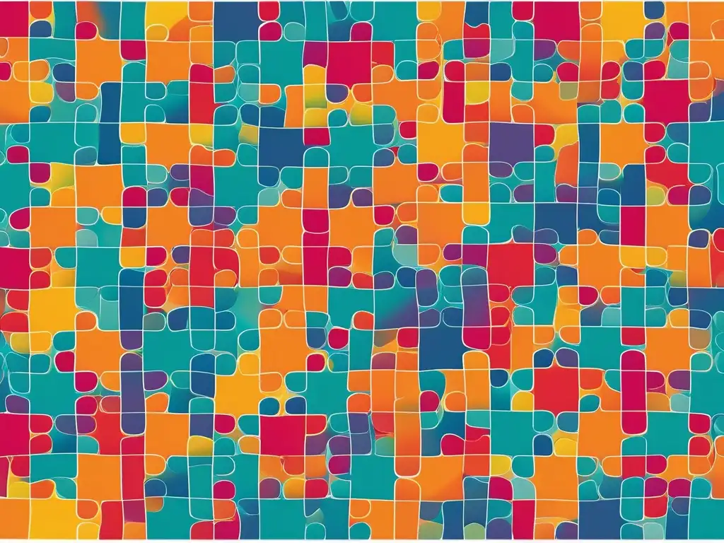 Importancia de la comunicación efectiva: puzzle de ideas interconectadas en colores vibrantes, simbolizando diversidad, colaboración y confianza
