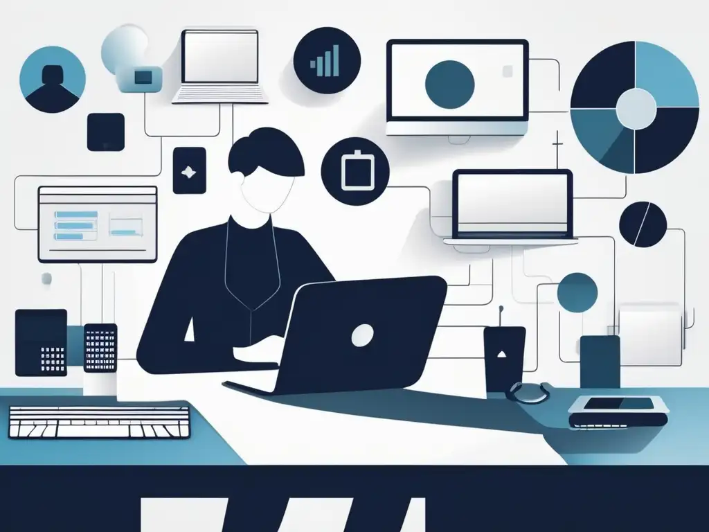 Persona trabajando con dispositivos de comunicación Persona en escritorio rodeada de dispositivos de comunicación: Importancia comunicación no verbal en teletrabajo