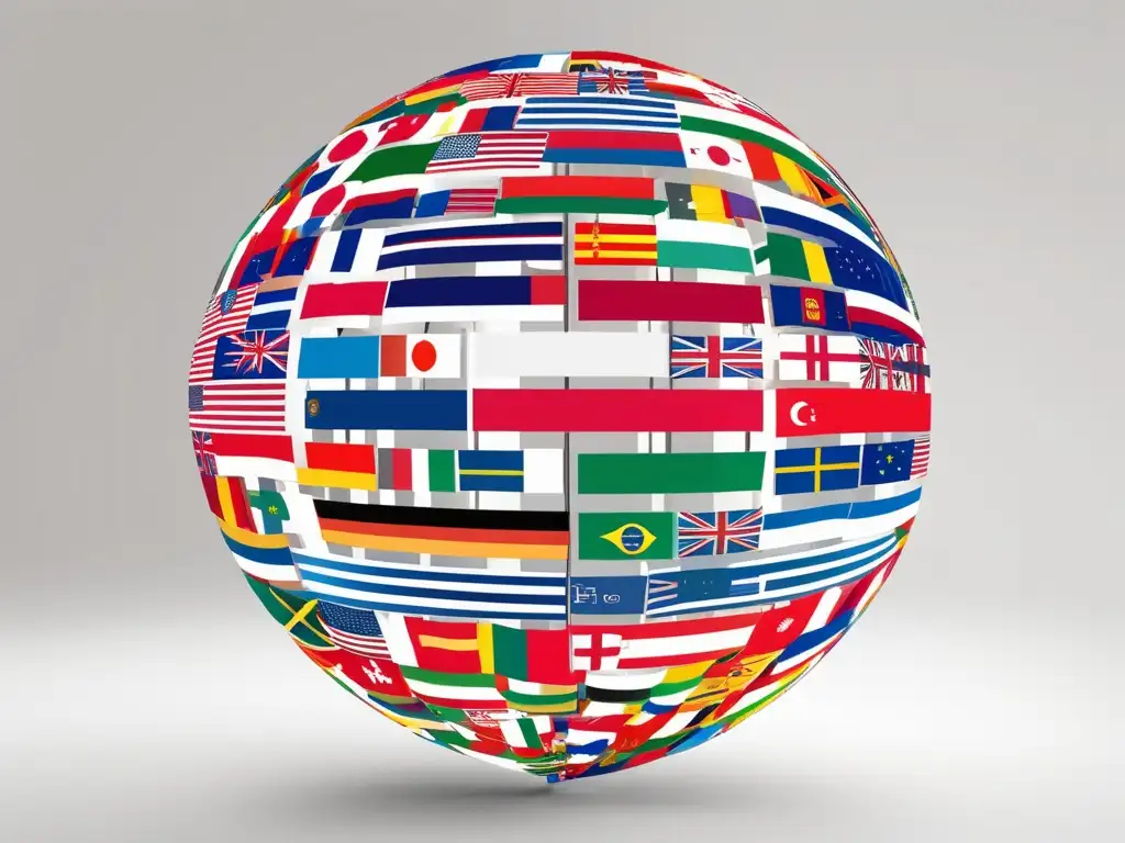 Comunicación virtual intercultural: globo conectado por líneas de países y equipos, representando la colaboración y diversidad cultural