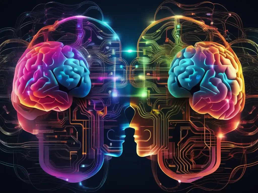 Importancia de la Inteligencia Emocional en la Comunicación Virtual: Merging abstract brain structures symbolize empathy, connection, and productivity