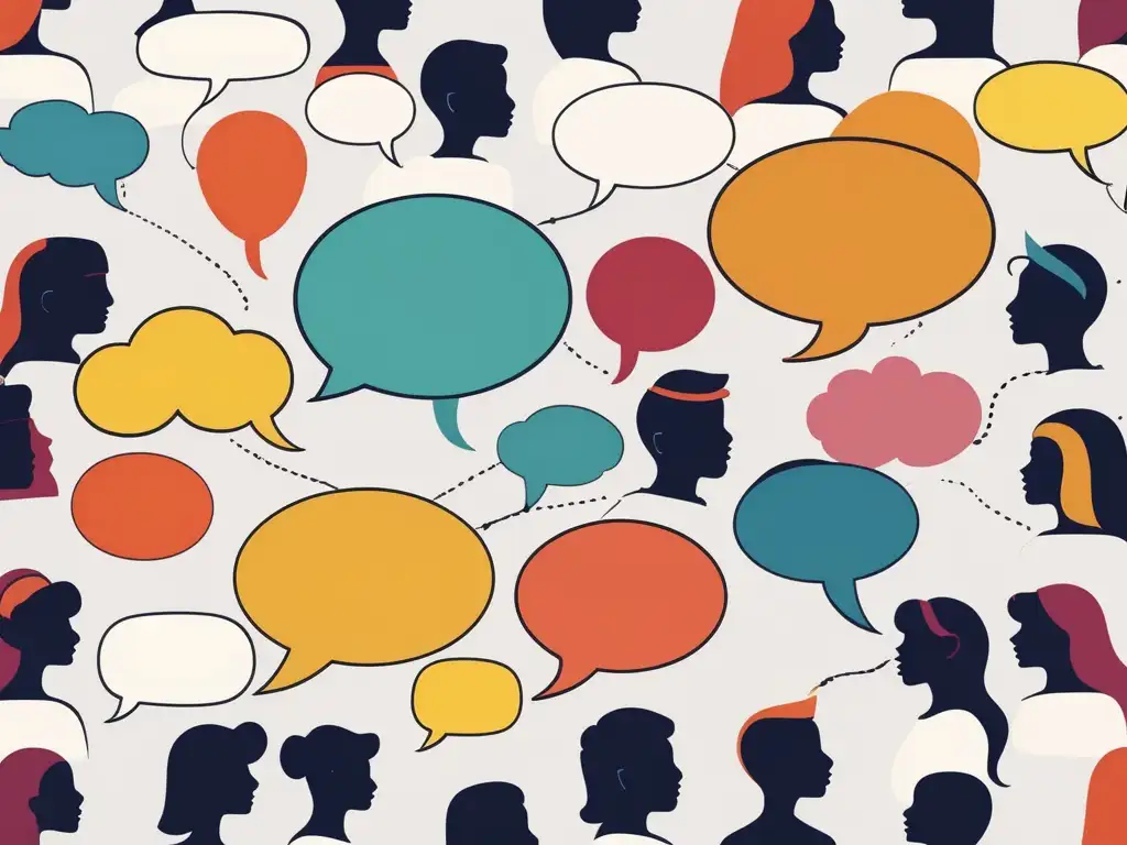 Desarrollo de empatía en relaciones diarias: imagen abstracta de diversidad con burbujas de pensamiento que representan emociones y experiencias