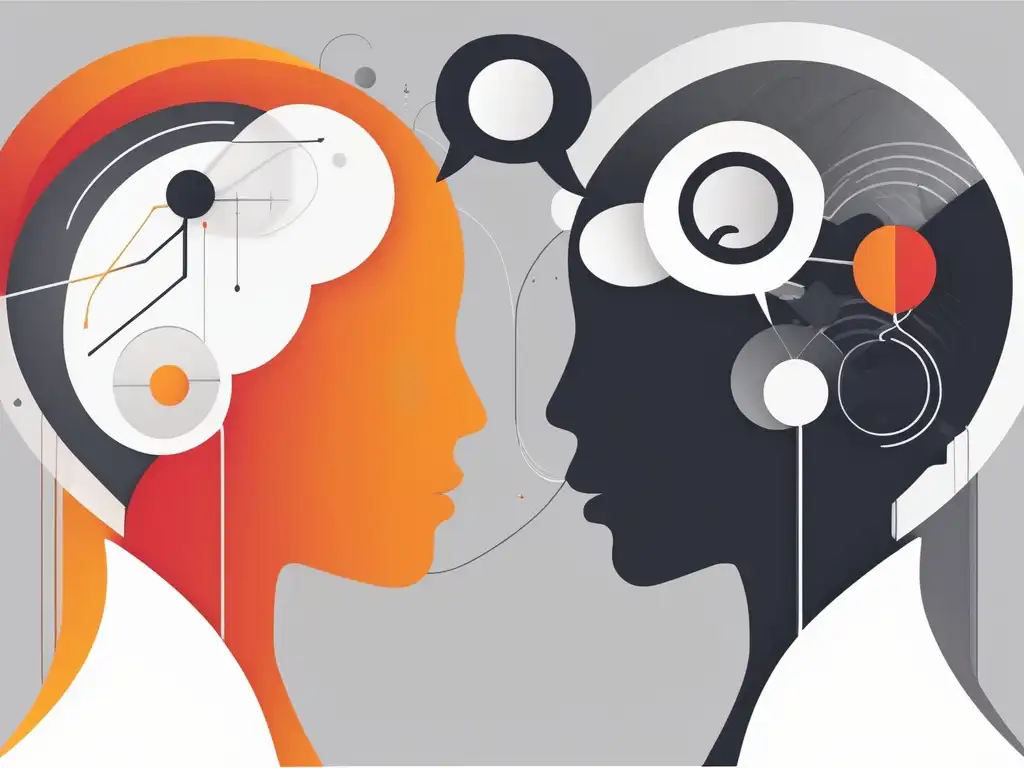 Conversación empática y perspectivas diversas Importancia de la empatía en decisiones éticas: figuras humanas interconectadas en conversación con símbolos de perspectivas y emociones