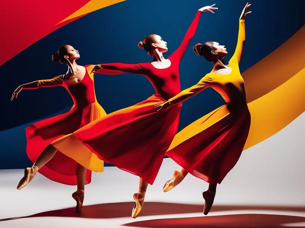 Grupo de bailarines de ballet en estilo abstracto, con formas geométricas elegantes y colores vivos