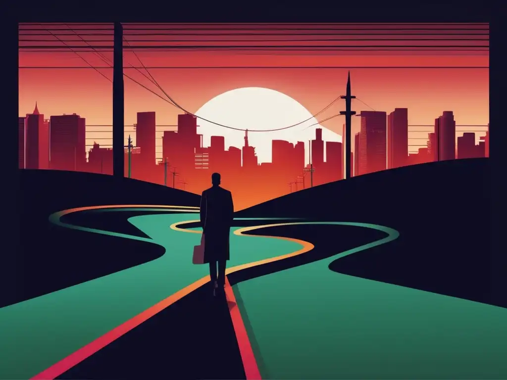 Importancia ética en el siglo XXI: persona en encrucijada entre ciudad ética y contaminada, simbolizando decisiones éticas