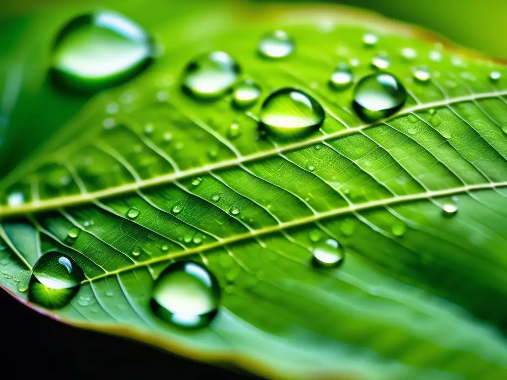 Hoja verde con detalles y gotas de agua, reflejando luz suave y creando patrón de reflejos