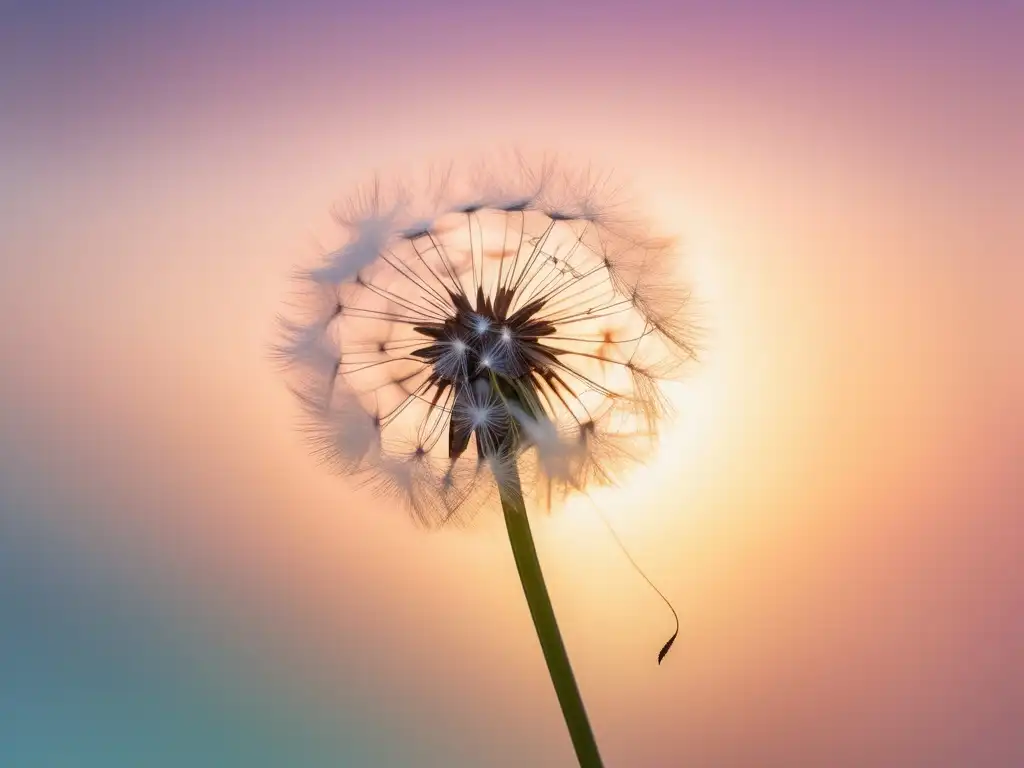 Importancia de la empatía en el mundo moderno: delicada semilla de diente de león flotando en un fondo pastel, simbolizando la positividad