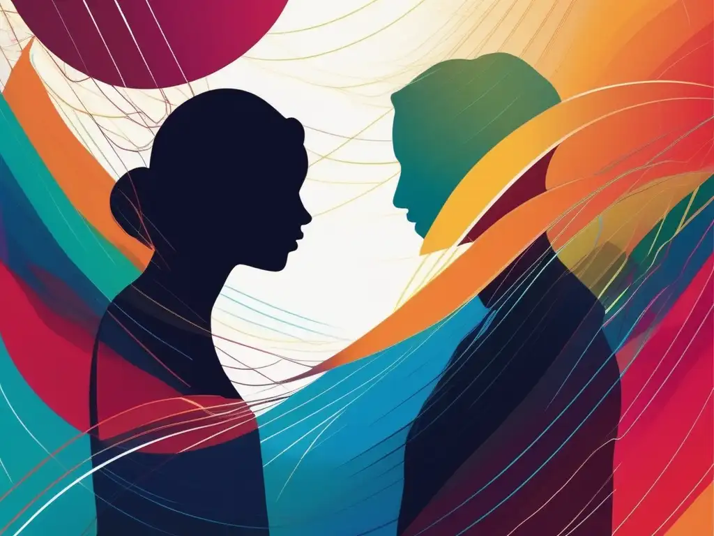 Desarrollo de empatía en relaciones diarias - Siluetas conectadas y colores vibrantes simbolizan la comprensión y conexión entre individuos