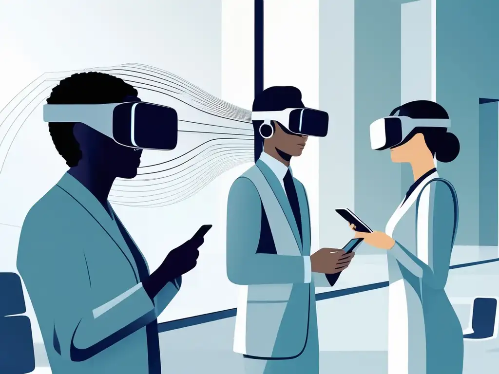 Profesionales con auriculares de realidad aumentada en un entorno de entrenamiento virtual, destacando beneficios en toma de decisiones