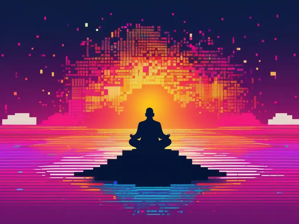 Equilibrio digital: Meditación en código Persona meditando en isla de código digital: Manejo del estrés en mundo digital