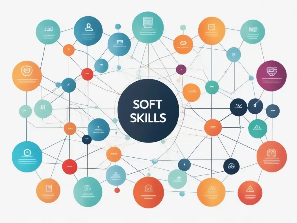 Diferencias entre habilidades blandas y técnicas en el mercado laboral: imagen 8k ultradetallada de representación abstracta y minimalista de redes entrelazadas, simbolizando adaptabilidad, comunicación, inteligencia emocional, precisión y conocimiento