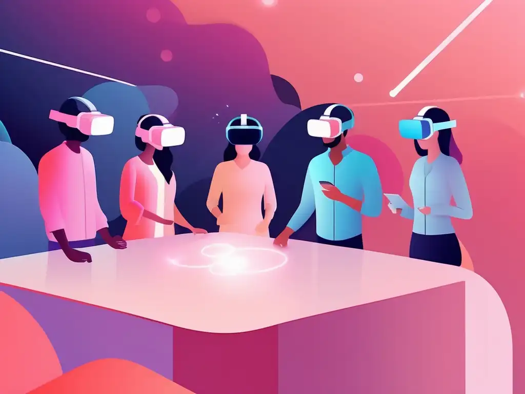 Impacto VR en habilidades de liderazgo: equipo en entorno futurista colabora con realidad virtual