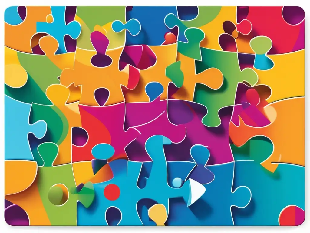 Inculcar conciencia social en equipo, puzzle interconectado en colores vibrantes que simbolizan la diversidad y colaboración