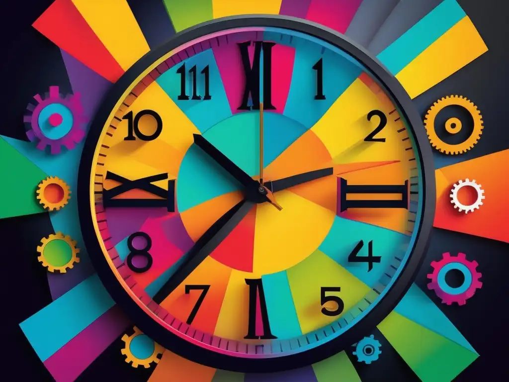 Gestión del tiempo en equipos: reloj abstracto, engranajes y elementos coloridos representando desafíos, coordinación y energía