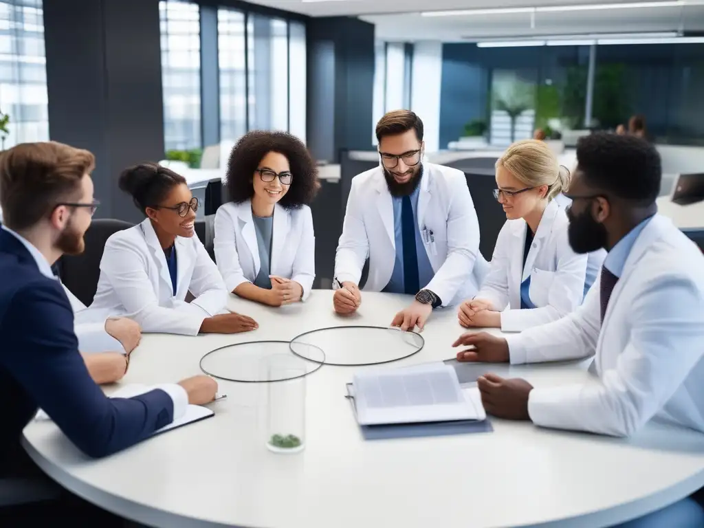 Equipo diverso trabajando juntos en una oficina moderna, destacando la importancia de las habilidades blandas en el trabajo en equipo