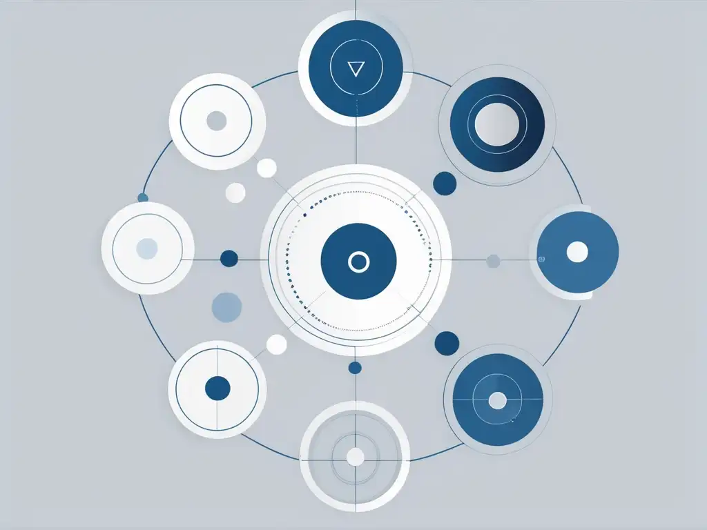 Construyendo equipos sólidos con empatía: ilustración abstracta minimalista de formas geométricas interconectadas en tonos azules, grises y blancos