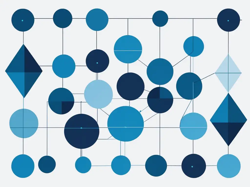 Habilidad de liderazgo en equipos: Geometrías azules interconectadas simbolizando diversidad, colaboración y liderazgo compartido