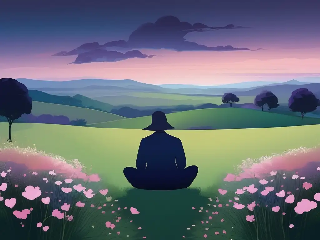 Sereno y tranquilo paisaje minimalista con figura de mindfulness rodeada de flores vibrantes