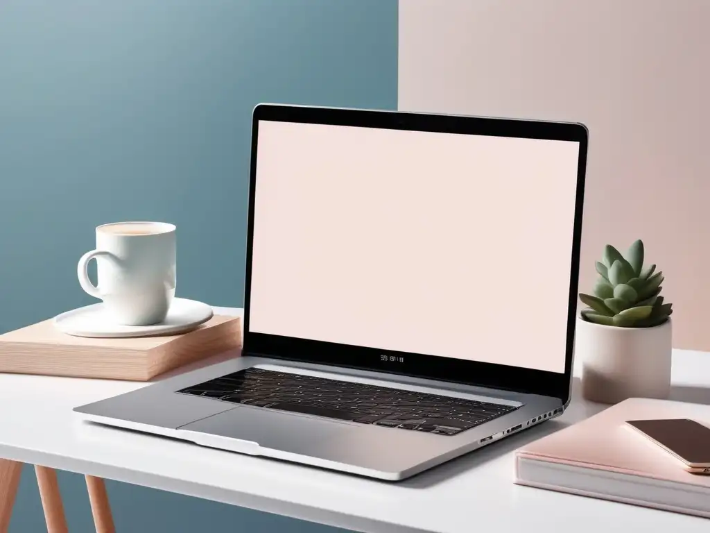 Consejos para evitar la procrastinación: Espacio de trabajo minimalista con escritorio ordenado, laptop en blanco y colores pastel