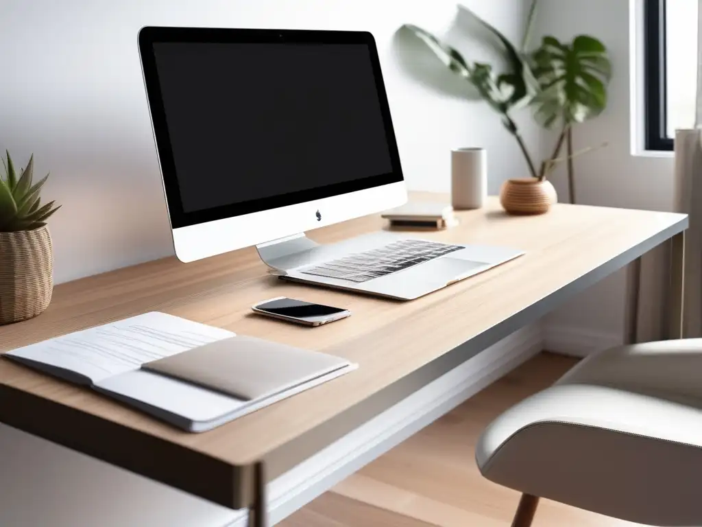 Espacio de trabajo minimalista y productivo Gestión del tiempo en teletrabajo: un espacio de trabajo minimalista y sereno con un escritorio limpio y ordenado, una laptop y luz natural