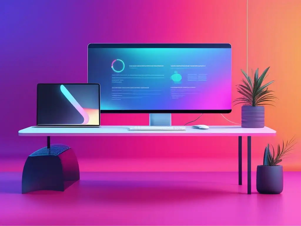 Etiqueta virtual en teletrabajo: espacio de trabajo futurista y minimalista con pantalla holográfica y guías de etiqueta